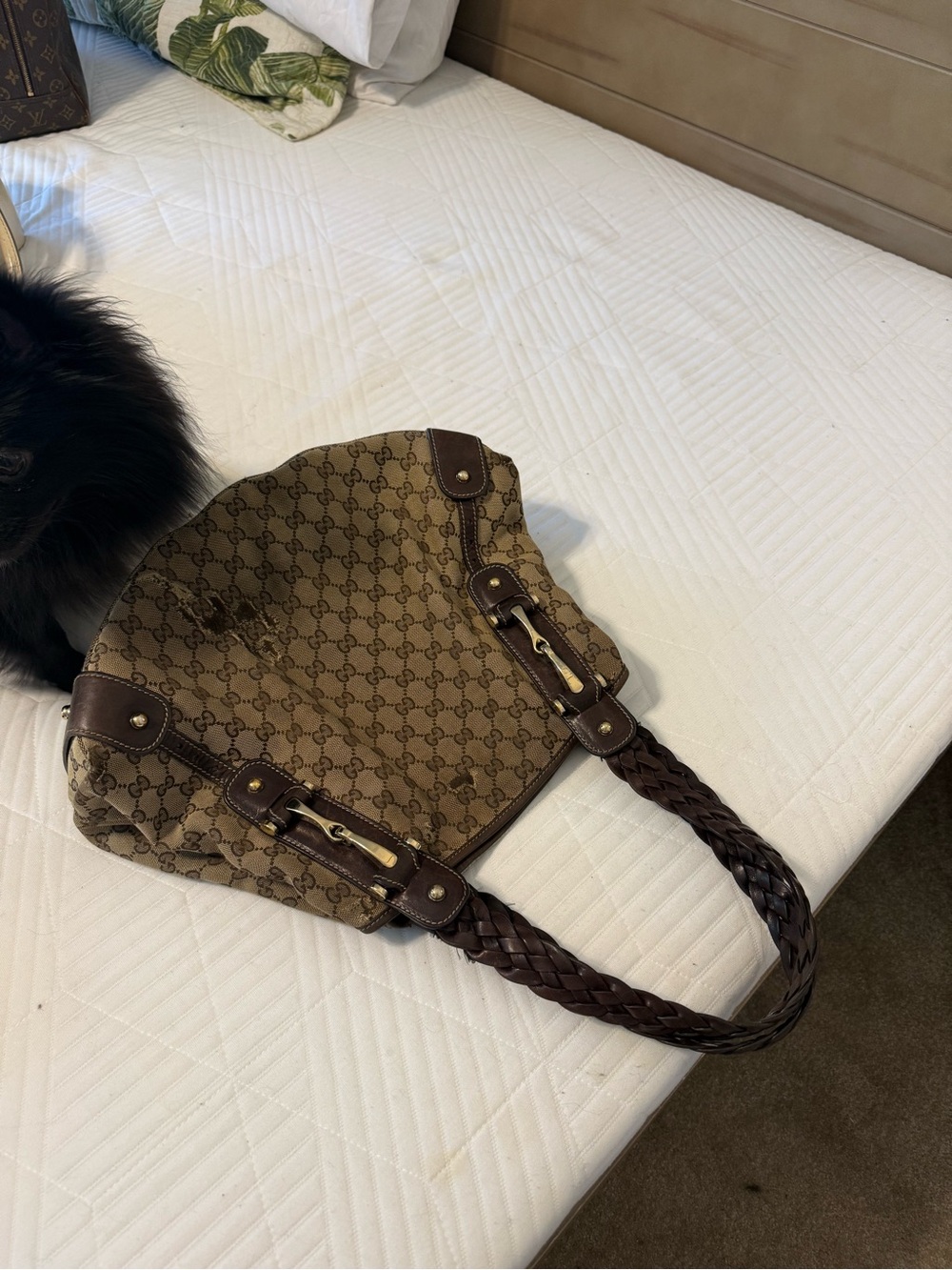 Gucci Beige GG Canvas Braided-Handle Shoulder Bag with Dark Brown Trim - Picture 12 of 14